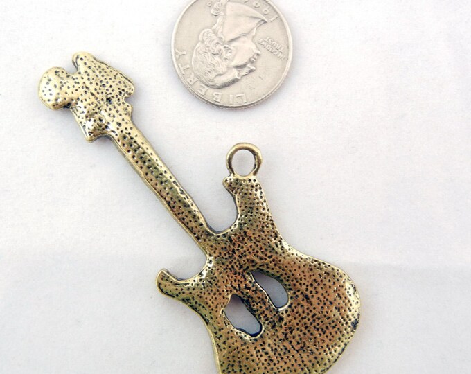 Guitar Charm Pendant Burnished Gold-tone Multi Colored Rhinestones