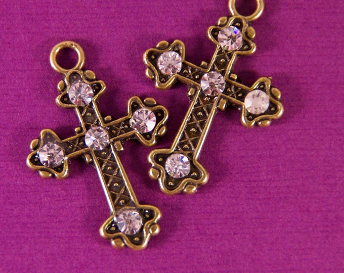 Pair Antique Gold-tone Marcasite-like Cross with Rhinestone Accents Charms