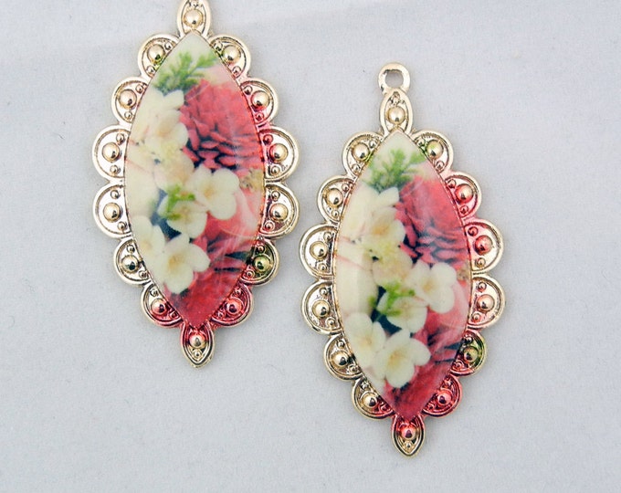 Pair of Gold-tone Flower Print Drop Charms Marquis Shape