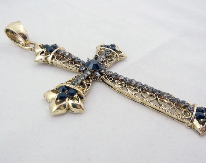 4" Long Gold-tone Black and Gray Rhinestone Filigree Cross PendantOL