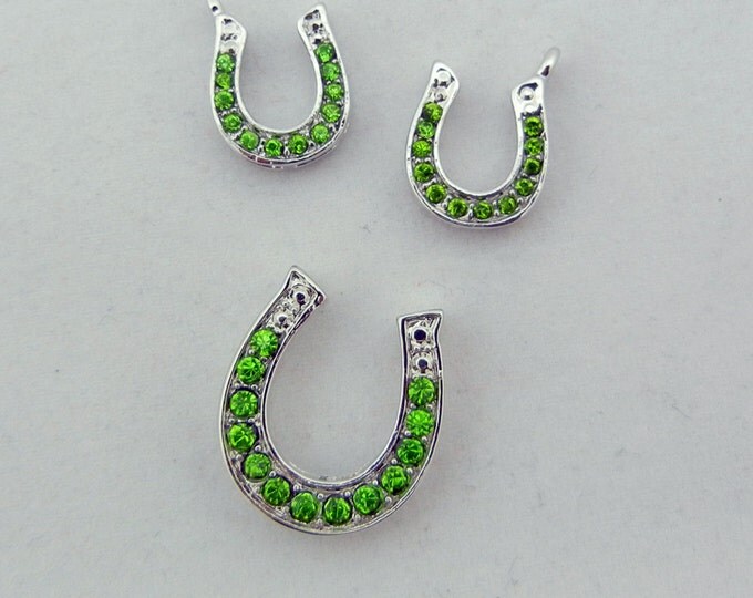 Set of Rhinestone Horseshoe Charms and Pendant Silver-tone Peridot Rhinestones