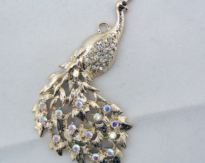 Gold-tone Peacock Charm Pendant with Aurora Borealis Rhinestones