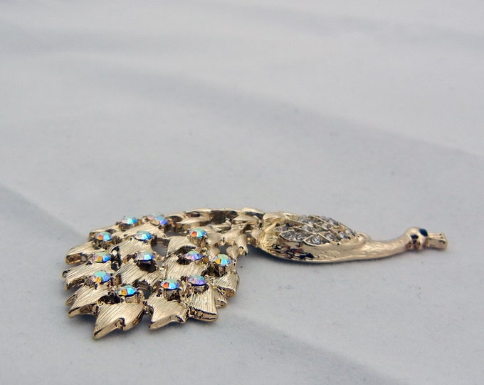 Gold-tone Peacock Charm Pendant with Aurora Borealis Rhinestones