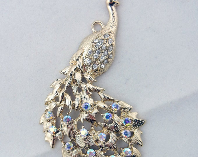 Gold-tone Peacock Charm Pendant with Aurora Borealis Rhinestones
