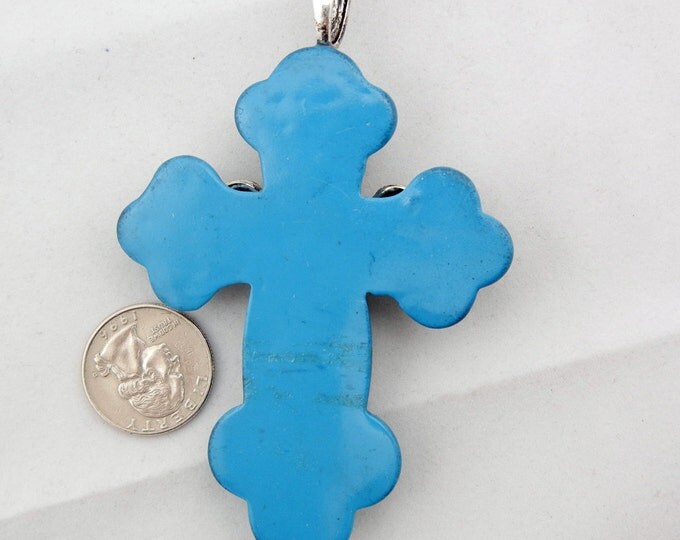 Oversized Turquoise Blue Resin and Metal Cross Pendant