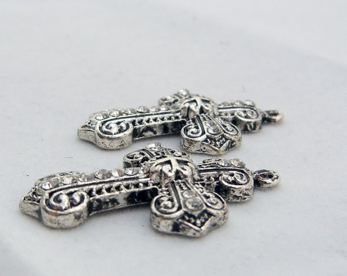 Pair Antique Silver-tone Marcasite-like Cross Charms with Rhinestone Accents SYMBOL