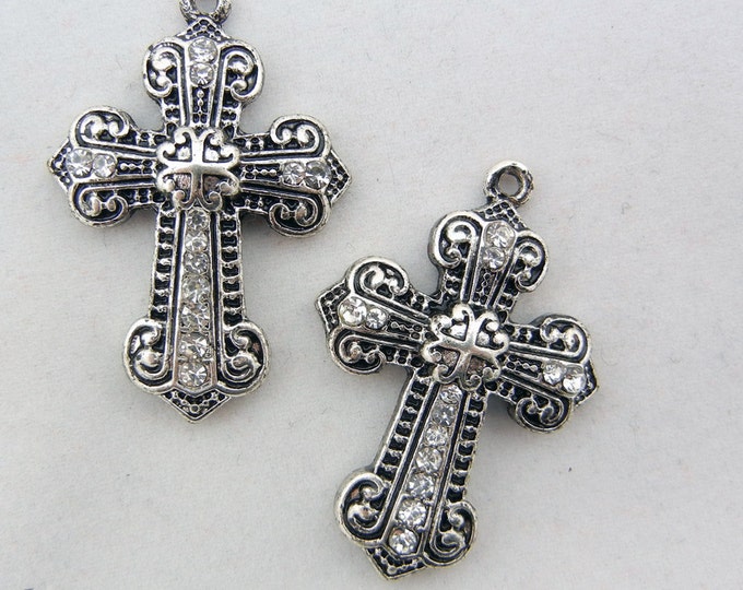 Pair Antique Silver-tone Marcasite-like Cross Charms with Rhinestone Accents SYMBOL