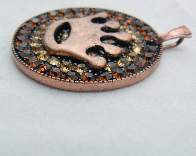 Round Copper-tone Crown Pendant with Light and Dark Topaz Rhinestones