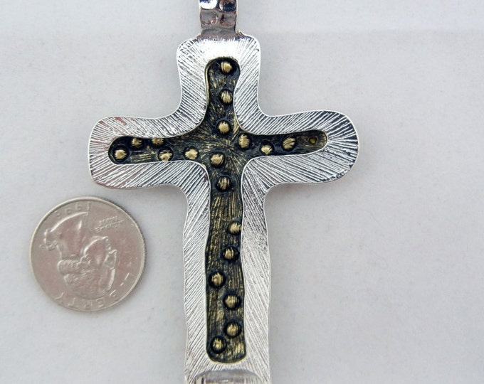 Large Two-tone Abstract Cross Pendant with Rhinestone Accents