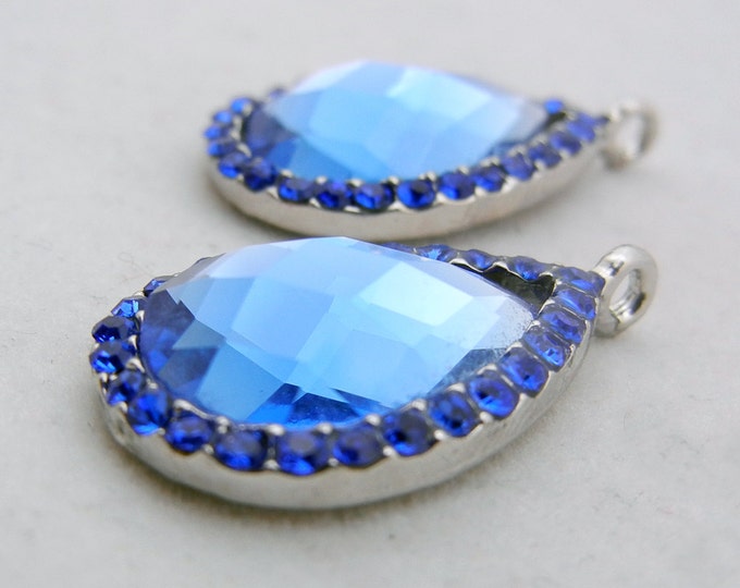Pair of Small Silver-tone Sapphire Blue Teardrop Drop Charms with Aurora Borealis Rhinestone Edge
