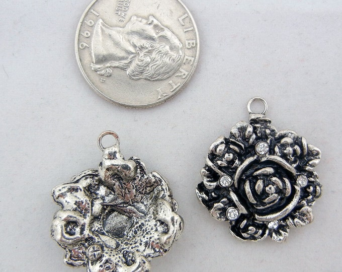 Pair of Antique Silver-tone Flower Charms Accented with Rhinestones