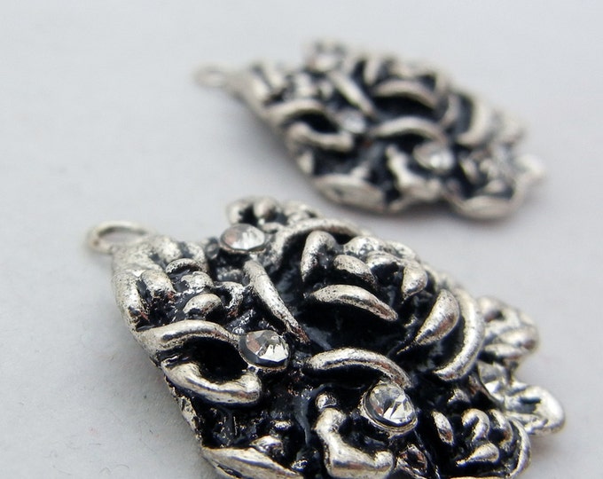 Pair of Antique Silver-tone Flower Charms Accented with Rhinestones