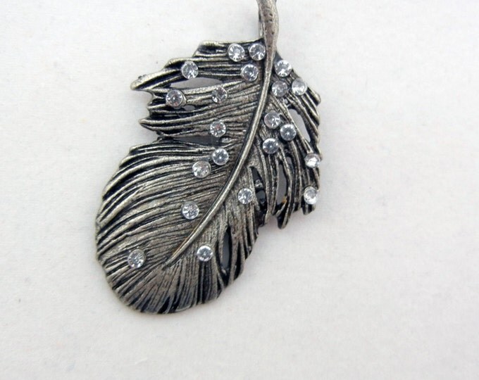 Antique Silver-tone Feather Pendant with Rhinestone Accents