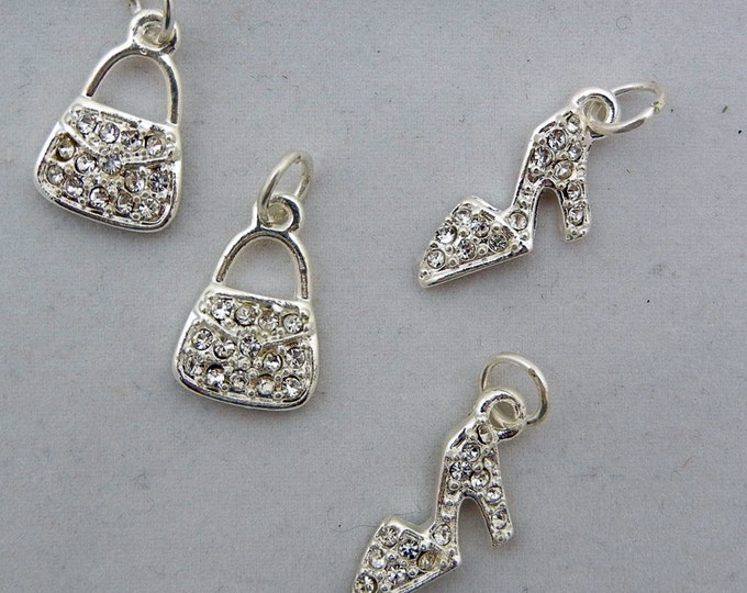 Set of 4 Small Bright Silver-tone Fashion Accessories Shoes and Handbag Charms