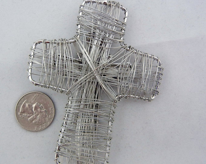 Large Wire Wrapped Silver-tone Cross Pendant Red Epoxy Orange Red Rhinestones