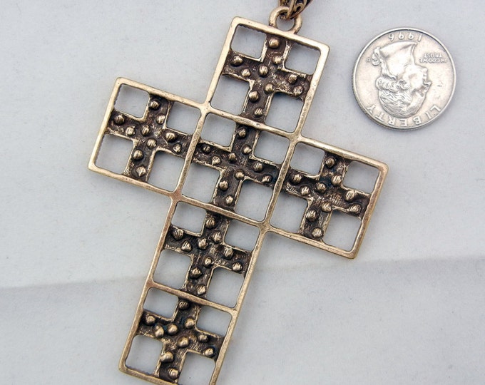 Antique Gold-tone Open-Work Cross Pendant with Rhinestones