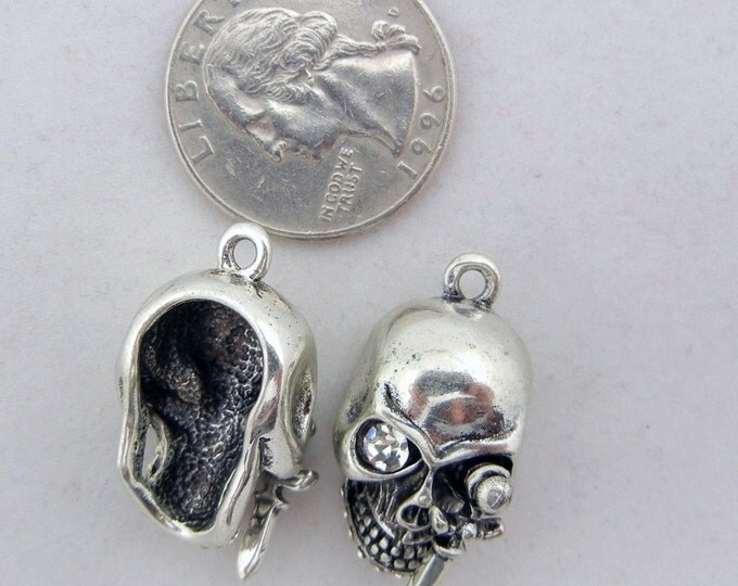 Pair of Antique Silver-tone Skull Charms with Sword Dagger Dimensional