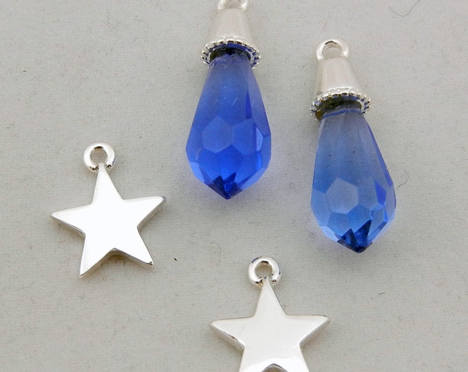 Pair of Blue Faceted Crystal Drop Charm with a Pair of Bright Silver Star Charm