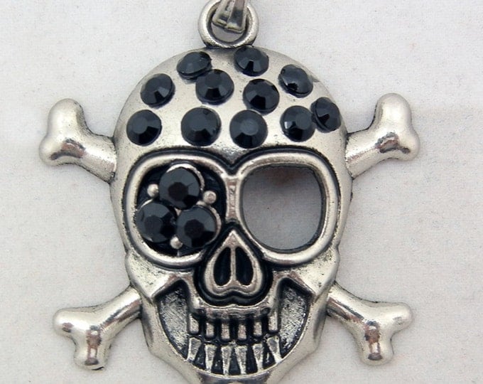 Skull and Crossbone Pendant with Black Rhinestones Antique Silver-tone