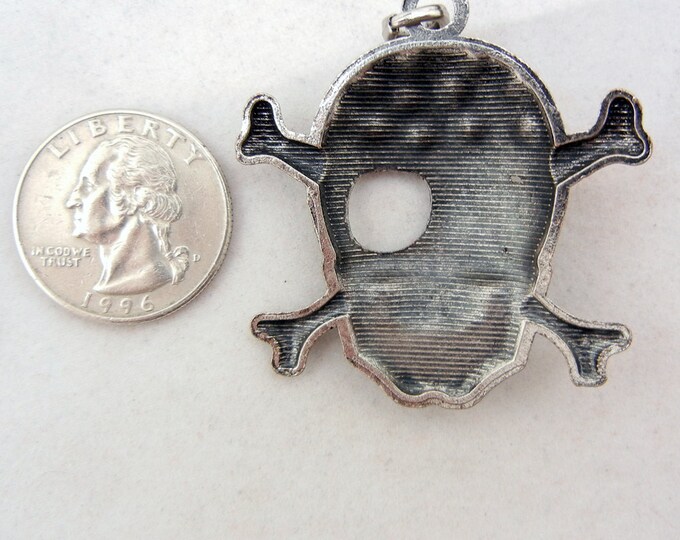 Skull and Crossbone Pendant with Black Rhinestones Antique Silver-tone