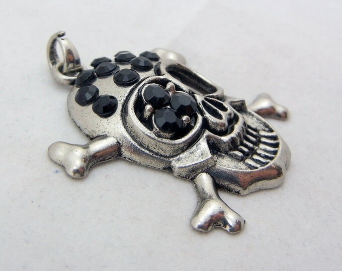 Skull and Crossbone Pendant with Black Rhinestones Antique Silver-tone