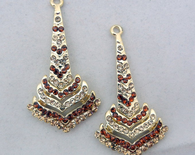 Art Deco Style Gold-tone Topaz Rhinestone Drop Charms