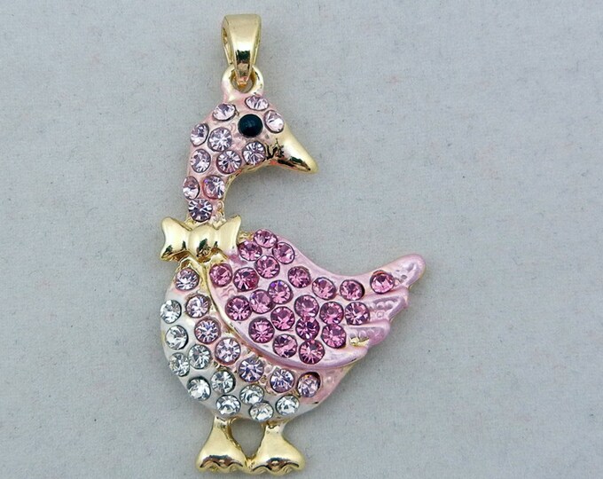 Gold-tone Goose Pendant with Pink and Clear Rhinestone Accents