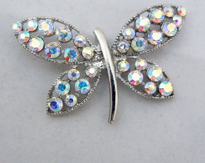 Silver-tone Aurora Borealis Rhinestone Butterfly Pendant