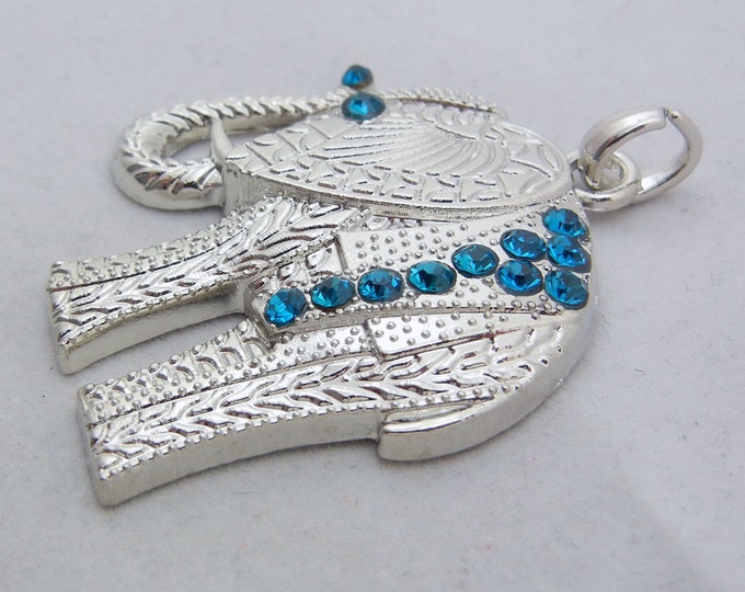 Bright Silver-tone Textured and Turquoise Blue Rhinestone Elephant Pendant