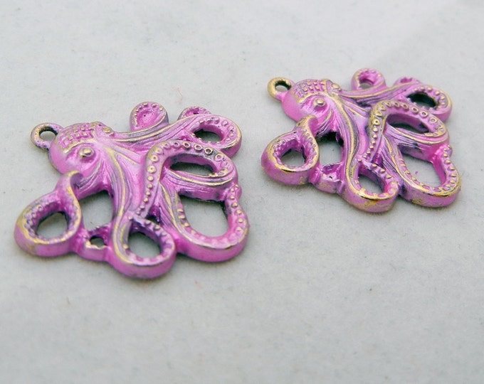 Pair of Antique Gold-tone Pink Washed Octopus Charms