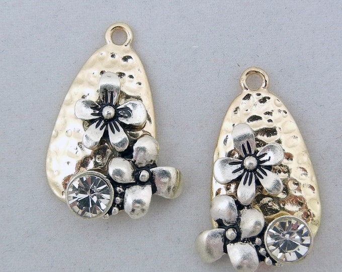 Pair of Small Two-Tone Floral Charms with Rhinestone