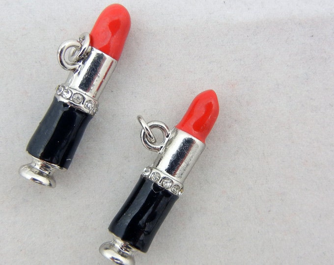 Small Pair of Lipstick Charms Silver-tone with Black and Red Epoxy