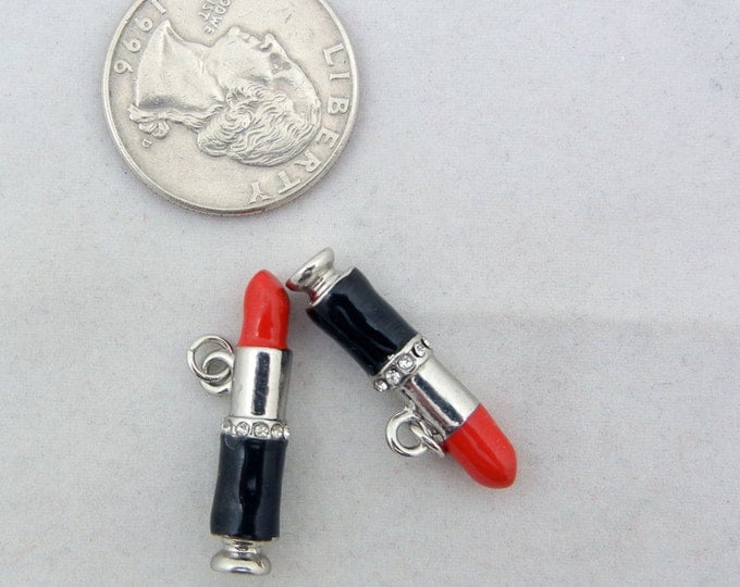 Small Pair of Lipstick Charms Silver-tone with Black and Red Epoxy