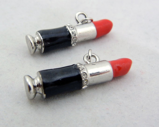 Small Pair of Lipstick Charms Silver-tone with Black and Red Epoxy