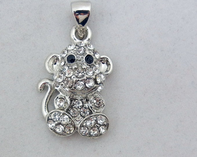 Rhinestone Monkey Pendant Silver-tone