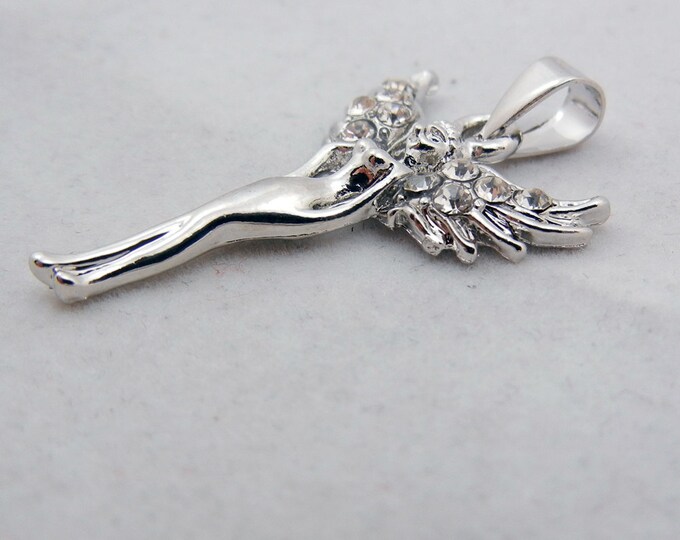 Rhinestone Winged Fairy Pendant Silver-tone