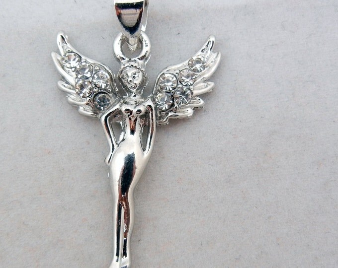 Rhinestone Winged Fairy Pendant Silver-tone