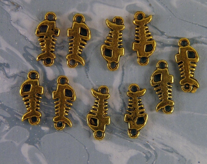 10 Small Gold-tone Double Link Fish Bone Skeleton Charms