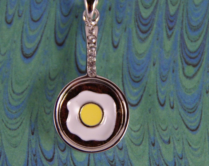 Fried Egg in Pan with Rhinestone Handle Pendant Silver-tone