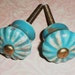 Aqua Teal Blue Scalloped Chippy Aged Ceramic Handles Drawer Knob Pulls Set of 2