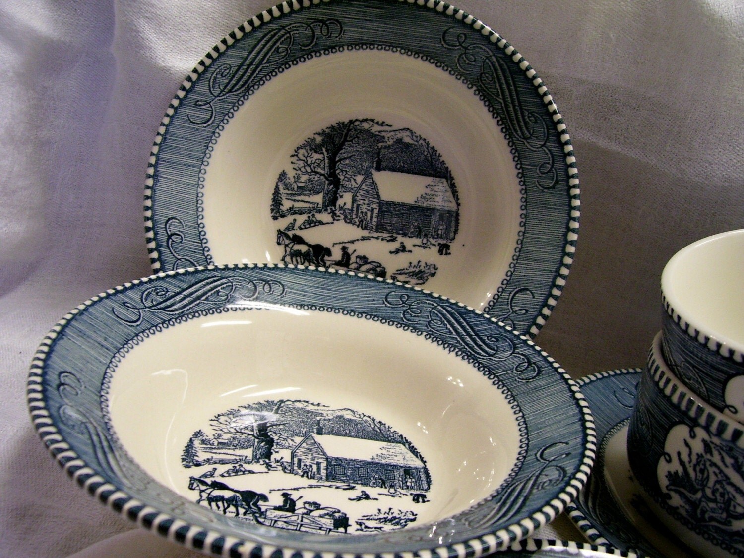 SALE 6 Pcs Vintage Currier and Ives Blue and White Dishes