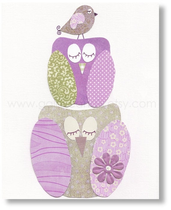 Owl nursery Purple green baby nursery decor- Bird nursery wall art- art for children kids room art - A Quiet Day print by GalerieAnais