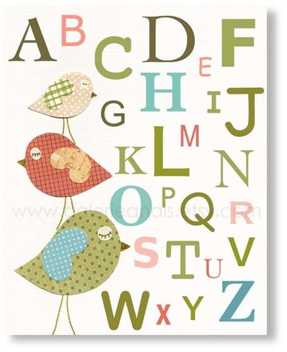 Art for children - Birds alphabet nursery wall art decor - kids art - gender neutral - Baby nursery - Three Little Birds Alphabet print by GalerieAnais