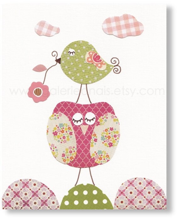 Baby Girl Nursery Decor Bird nursery Owl nursery art kids decor pink and green nursery wall art Kids art Chic And Shabby by GalerieAnais