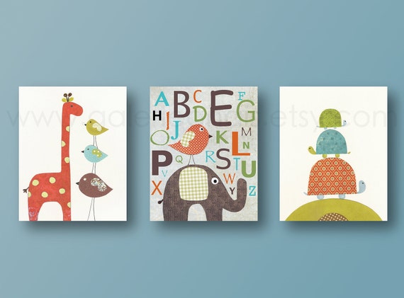 Kids wall art - baby nursery decor - nursery print - baby room decor - elephant - giraffe - bird - alphabet - Set of three prints by GalerieAnais