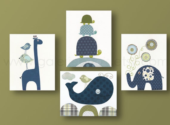 Kids wall art kids room decor baby nursery art turtle giraffe birds elephant whale Set of four prints by GalerieAnais by GalerieAnais