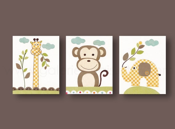 Giraffe monkey elephant jungle - Animal yellow brown green - baby nursery - Playroom decor - kids room decor - Set of 3 prints Old Buddies by GalerieAnais