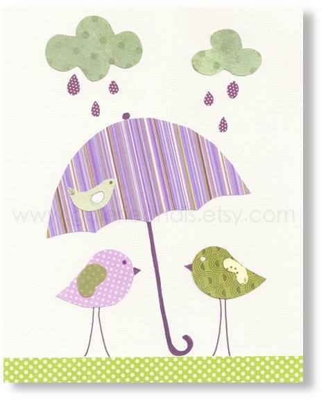 Kids wall art - nursery decor - art for children room - personalized - girl - baby art - Birds - Singing In The Rain print from Paris