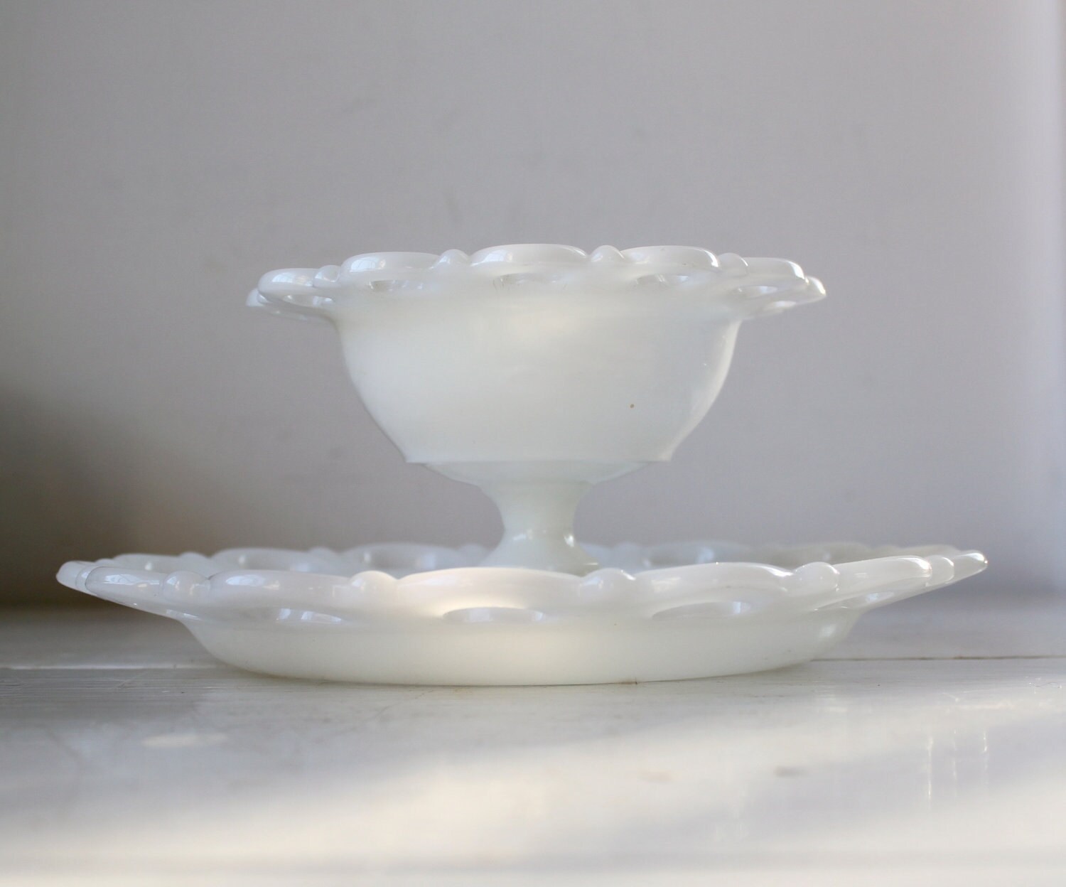 RESERVED vintage milk glass plates. Anchor Hocking Lace Edge