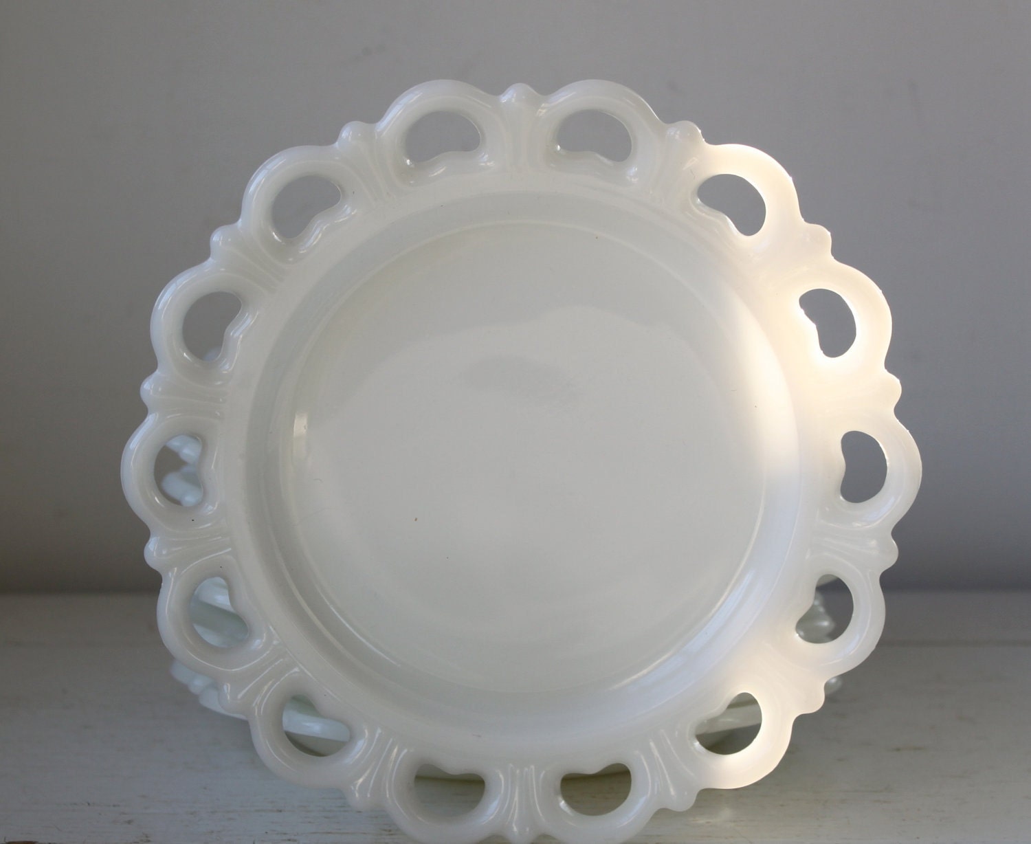 RESERVED vintage milk glass plates. Anchor Hocking Lace Edge
